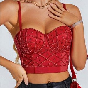 Red Pearl Beaded Bustier Corset Cami Top